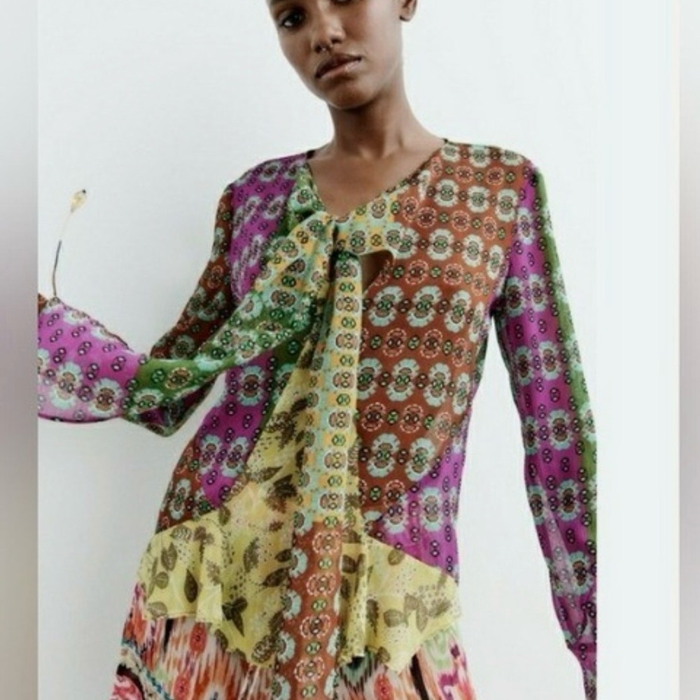 Zara RARE Sheer Bohemian Blouse With Bow Tie and Beaded Tassels XS